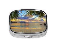 Sunset At The Beach Print Pill Box 2 Compartment Medicine Pill Case,Portable for Pocket Or Purse Pill Box Decorative Metal Medicine Organizer