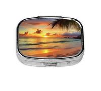 Sunset at The Beach Print Pill Box Square Pill Case 2 Compartment Small Metal Medicine Organizer Portable Travel Pillbox for Pocket Purse Cute Mini Pill Container to Hold Daily Vitamins