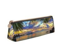 Sunset At The Beach Print Triangle Pencil Case Leather Pen Pouch Cosmetics Bags Desk Stationery Organizer Box Holder For Office Women Men