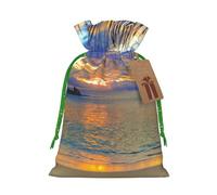 (Sunset at The Beach) Printed Christmas M Size Gift Bags with Green Ribbon Drawstring Candy Bags for Kids Xmas Holiday Christmas Eve Presents