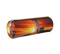 Sunset at The Seaside Printed Leather Pencil Case Cute Stationery Organizer Round Makeup Bag Pen Pouch, Gold Zipper