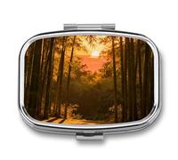 Sunset Bamboo Grove Pill Box 2 Compartments Portable Travel Pill Case Mini Medicine Organizer for Pocket Purse Metal Waterproof Medicine Container Holder Vitamin Fish Oil