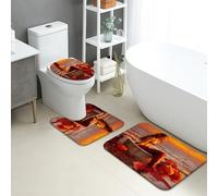 Sunset Bathroom Mat Sets 3 Piece, Artistic Ocean Waves Absorbent Non Slip Toilet Rugs U Shaped Washable, Summer Beach Quick Dry Flannel Bathroom Rug Set