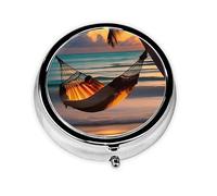 Sunset Beach Hammock Mini Round Pill Box, can be Put into Wallet, Pocket, Light and Convenient, 3 Compartment Pill Box, Portable Pill Box,