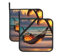 Sunset Beach Hammock Set Of 2 Pot Holders, Kitchen Potholder Set, 8 X 8 Inches, &Perfect For Everyday Baking And Cooking.