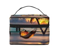 Sunset beach hammock Women's travel cosmetic bag, (9x6.5x6.2 inches) portable large capacity cosmetic bag, large cosmetic bag storage bag for girls, Black, One Size
