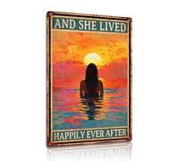 Sunset Beach Metal Sign Inspirational Quote ‘And She Lived Happily Ever After,’ Decorative Wall Art for Home, Office, Bedroom, and Living Room 8x12 In (25147)