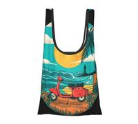 Sunset Beach Palm Tree Print Reusable, Foldable,Washable Grocery Bags Foldable in A Pouch Eco Tote Shopping Bag,Daily Shopping Loading
