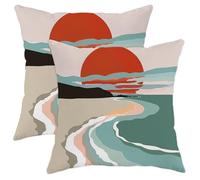 Sunset Beach Pillow Covers Set of 2, Red Orange Sun and Ocean Waves Cushion Case, Autumn Coastal Decorative Square Throw Pillow Covers for Indoor Outdoor Sofa Bed Couch 20x20 Inch