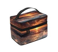 Sunset Beach -Print Large Makeup Organizer for Travel - Waterproof Cosmetic Bag with Compartments & Straps, Premium Twill Fabric, for Gym & Professionals.