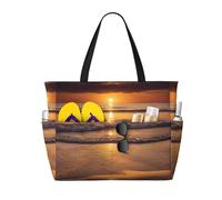 Sunset Beach Print Large Waterproof Beach Tote Bag for Women with Zip and Pockets Foldable Handbag for Travel Pool Shopping Holiday Gym