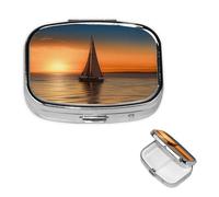 Sunset Beach Sailboat Pill Box 2 Compartment Medicine Pill Organizer Square Pill Case for Purse & Pocket Travel Pillbox Portable Metal Medicine Vitamin Fish Oil Organizer Unique Gift
