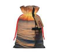 Sunset Beach Sailboat Printed Christmas Drawstring Bags,S | Reusable Xmas Gift Storage Bags, Red Christmas Ribbon