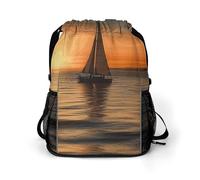 Sunset Beach Sailboat Sports Drawstring Backpack,Packsack with Shoe Compartment And Wet Proof Pocket for Youth