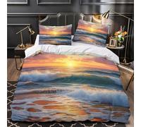 Sunset beach scene 3D Print 3 Piece Set Bed Cover Ocean wave art style Duvet Cover Plush Microfiber Invisible Zipper for Kids Teens Boys Girls Men Women Single（140x200cm）