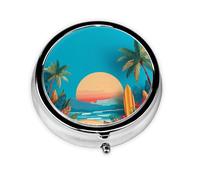 Sunset Beach Small Pill Box 3 Compartment Portable Pill Box for Purse Pocket Sea Palm Tree Mini Medicine Organiser for Daily Vitamin Fish Oil Storage