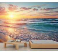Sunset Beach Wallpaper Waves and Sand Custom Wallpaper Golden Sun Wall Murals Bedroom Mural for Living Room Bedroom Kids Room Poster 300X240cm