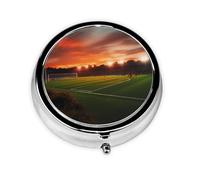 Sunset Beautiful Soccer Field Pill Box Metal Round Small Pill Case Cute 3 Compartment Pill Organizer Portable Travel Pillbox Mini Pill Container Holder for Daily Medicine Supplement Vitamin