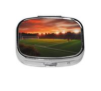 Sunset Beautiful Soccer Field Print Pill Box Square Pill Case 2 Compartment Small Metal Medicine Organizer Portable Travel Pillbox for Pocket Purse Cute Mini Pill Container to Hold Daily Vitamins