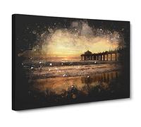 Sunset Behind The Pier Paint Splash Canvas Print | Gallery Wrapped 30mm Frame Wall Art | 24x16 inches | Ready to Hang | Modern Landscape Picture | Living Room Bedroom Lounge Office
