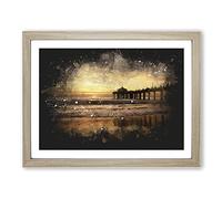 Sunset Behind The Pier Paint Splash Modern Art Framed Print | A3 Oak Framed Wall Art | Ready to Hang | Modern Landscape Picture | Living Room Bedroom Lounge Office
