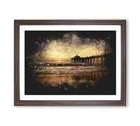 Sunset Behind The Pier Paint Splash Modern Art Framed Print | A3 Walnut Framed Wall Art | Ready to Hang | Modern Landscape Picture | Living Room Bedroom Lounge Office