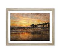 Sunset Behind The Pier Painting Modern Art Framed Print | A2 Oak Framed Wall Art | Ready to Hang | Modern Landscape Picture | Living Room Bedroom Lounge Office