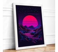 Sunset Beyond Mountains Retro Framed Wall Art Print A1 (84.1×59.4cm) White, Wall Decor for Living Room, Bedroom, Office & Home, Ready to Hang, Art Gift