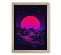 Sunset Beyond Mountains Retro Framed Wall Art Print A3 (42×29.7cm) Oak, Wall Decor for Living Room, Bedroom, Office & Home, Ready to Hang, Art Gift