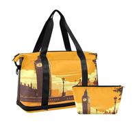 Sunset Big Ben Art 2 Pcs Set Gym Duffel Bag Shoulder Weekender Overnight Bag with Toiletry Bag for Airplane Traveling