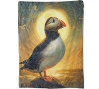 Sunset Birds Puffin Blanket Gifts for Adults Artist Men, Sun Setting Bright Nature Scene Bird on Rock Throw Blankets for Sofa Office Couch Room Decor, Cozy Lightweight Warm Soft Throws, 50x60 in
