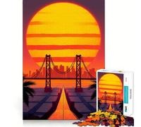 Sunset Bridge Cityscape with Palm Trees Jigsaw Puzzle 1000 Piece for Teenagers Recall Upgrade Relax Mind Clear Cut Fine Art Piece 50x75cm