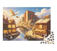 Sunset Bridge Riverside Town 1000 Piece Jigsaw Puzzle Paper for Adults Village Cityscape Relaxing Focus Family Decor Gift 70x50cm/1000pcs