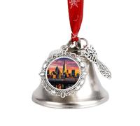 Sunset Bridge Skyscraper Christmas Bells Ornaments, Hanging Iron Jingles Decoration - Elegant Jingle Bell Ornament for Tree, Home, Festive Decor