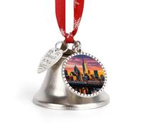 Sunset Bridge Skyscraper Christmas Bells Ornaments, Hanging Iron Jingles Decoration - Elegant Jingle Bell Ornament for Tree, Home, Festive Decor