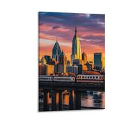 Sunset Bridge Skyscraper Wall Art, 16x24inch(40x60cm) Vertical Canvas Wall Art Prints, Modern Home Hanging Decor for Living Room, Bedroom, Office, Framed/Unframed, Frame-style