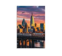 Sunset Bridge Skyscraper Wall Art, 24x36inch(60x90cm) Vertical Canvas Wall Art Prints, Modern Home Hanging Decor for Living Room, Bedroom, Office, Framed/Unframed, Unframe-style