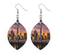 Sunset Bridge Skyscraper Wooden Earrings for Women, Vintage Elegant Wood Jewelry, Lightweight Earrings for Wedding, Party, Everyday Jewelry Gift, Circular, Wood, wood