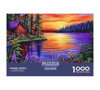Sunset Cabin Lake 1000 Pc Adult Jigsaws - Lake Sunset with Purple Flowers Impossible Hard Difficult Challenging Game for Wall Decoration And Gifts52x38cm/1000pcs