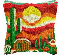 Sunset Cactus Latch Hook Kits for Adults Kids Beginners Desert Scenery Latch Hook Pillow Kit Pre-Printed Latch Hook Rug Kits Cross-Stitch Cushion for Home Sofa Decoration 17x17 in.