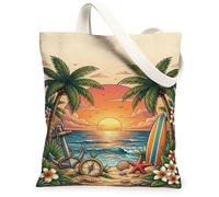 Sunset Canvas Tote Bag for Women, Tropical Beach Palm Trees Anchors Summer Orange Washable Reusable Everyday Tote Bag for Shopping Brunch Park Library Day Trips 13x15 Inch