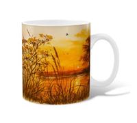 Sunset Ceramic Coffee Mug, Nature Serene Grass Birds Autumn Orange Novelty Office Drinking Cup with Handle Gift for Friends Family Lovers Eldership Senior Co-Worker 15 Oz