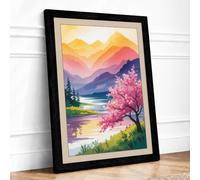 Sunset Cherry Blossom Japandi Framed Wall Art Print A2 Black Frame