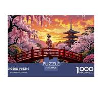 Sunset Cherry Bridge Impossible Hard Difficult Challenging 1000 Piece Puzzle - Japanese Cherry Blossom Bridge at Sunset for Adults Decompression Great Gift Idea38x26cm/1000pcs