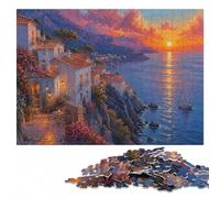 Sunset Coastal Village Themed Wooden Jigsaw Puzzle 300 Pieces for Adults | A hands-on home pastime - a clear section-by-section approach during indoor leisure.