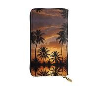 sunset coconut trees Long leather wallet, portable credit card holder, zippered coin purse, and ID compartment