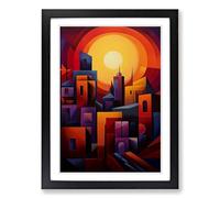 Sunset Cubism Framed Print | A2 Black Framed Wall Art | Ready to Hang | Cubist Landscape Picture | Living Room Bedroom Lounge Office