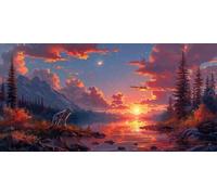 Sunset Diamond Art Wolf Diamond Painting Kits for Adults Beginner 5D DIY Full Round Drill Cross Stitch Kits for Adults Arts and Crafts for Bedroom Decor, Home Decor, Gifts 50x120inch -bby2603M2