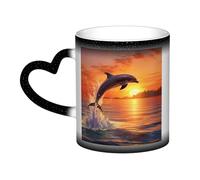 Sunset Dolphin Coffee Mug with Handle 11 Oz, Color Changing Cups In The Sky, Heat Sensitive Magic Funny Art Mug, Unique Coffee Tea Cup Porcelain Mugs Gift for Women Men Black