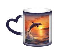 Sunset Dolphin Coffee Mug with Handle 11 Oz, Color Changing Cups In The Sky, Heat Sensitive Magic Funny Art Mug, Unique Coffee Tea Cup Porcelain Mugs Gift for Women Men Blue
